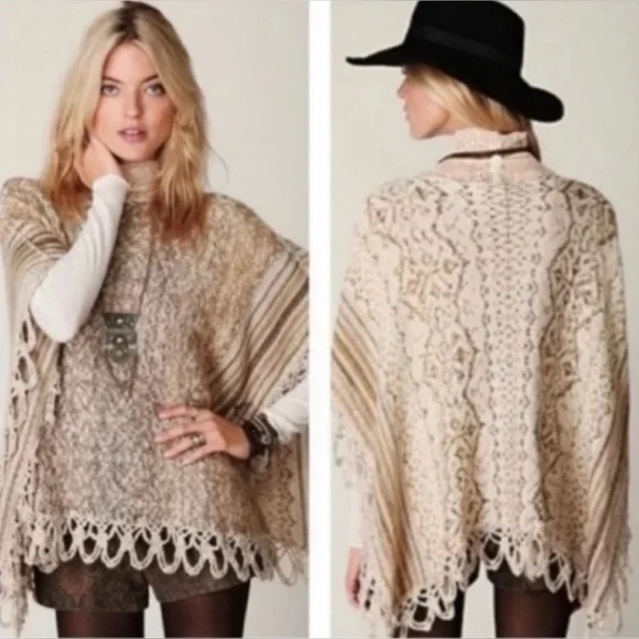 Free People Casablanca Boho Knit Poncho Wool Cream Brown XS - Picture 3 of 14
